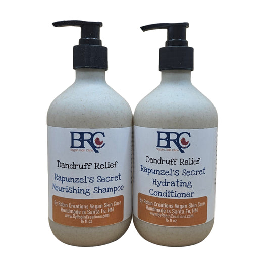 By Robin Creations dandruff relief liquid shampoo and conditioner set in biodegradable pump bottles, 8 oz each.