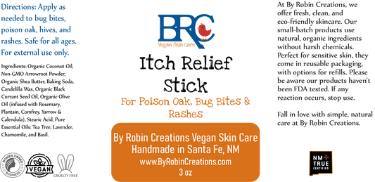By Robin Creations bug bite and rash itch relief stick in a plastic tube, designed to soothe skin irritation and itching.