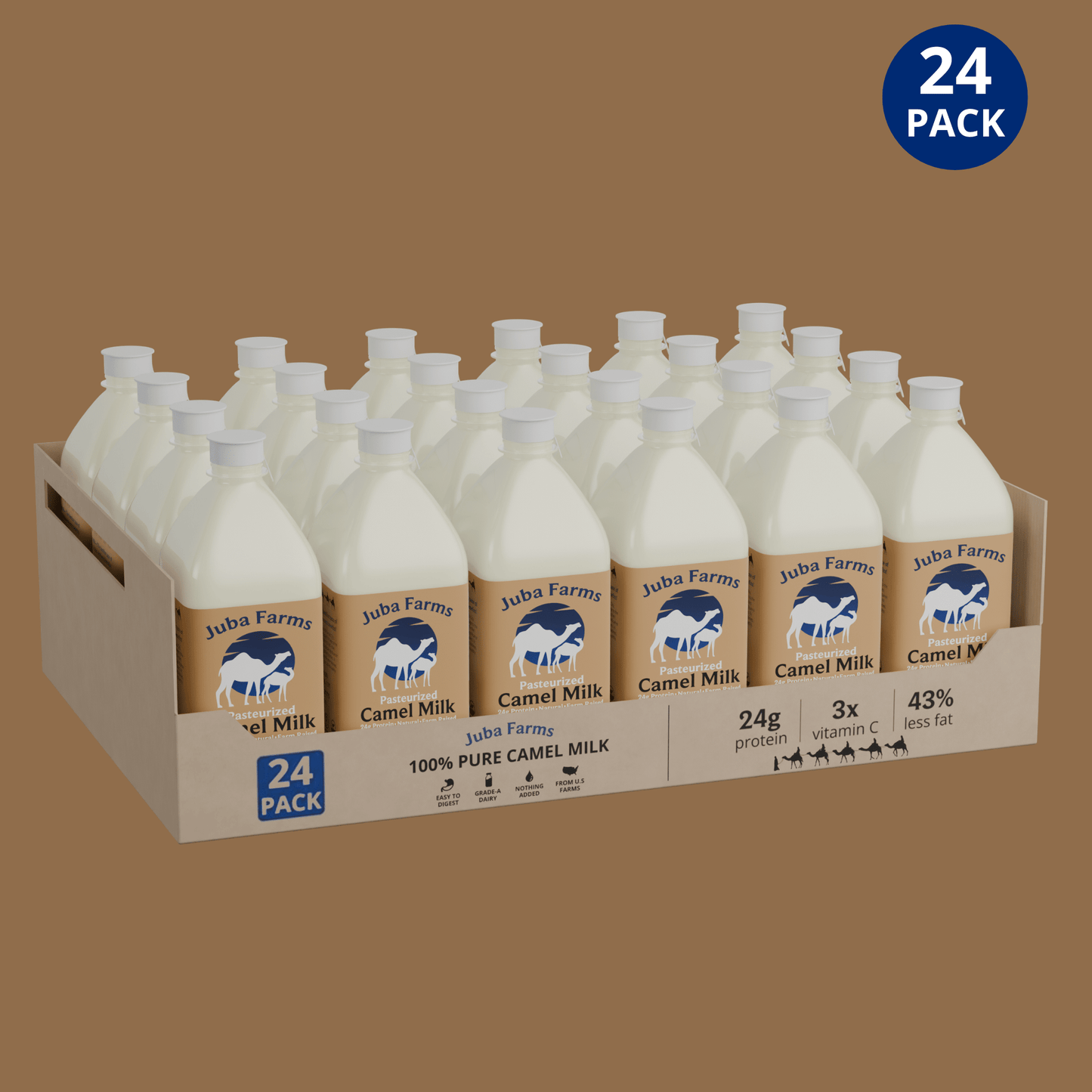 1-liter bottle of Juba Farms camel milk showing the white carton with camel illustrations and product label.