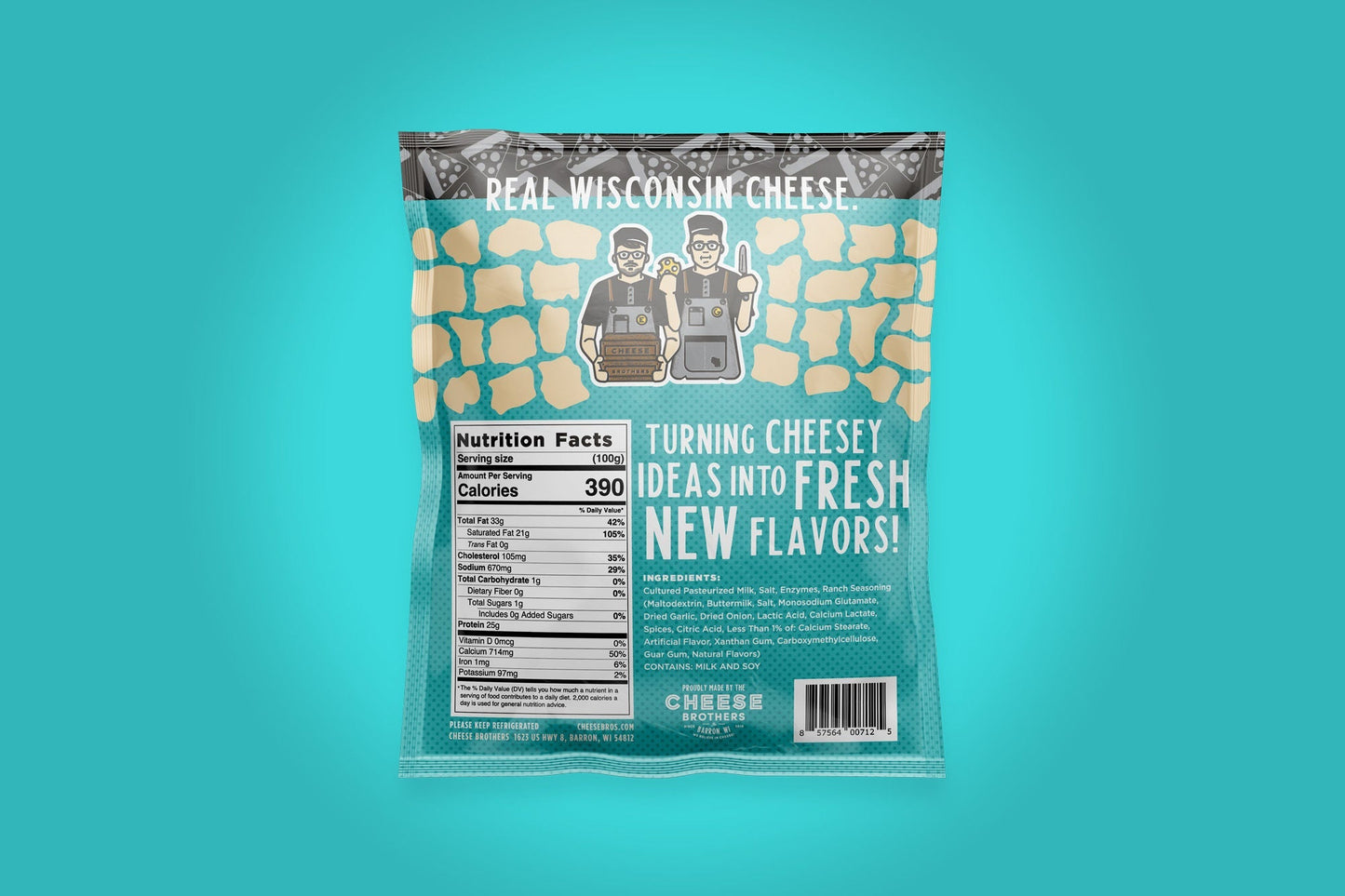 Pack of Cheese Brothers Inc. Ranch Cheese Curds showing fresh, creamy cheese curds in a clear package, ready to enjoy.
