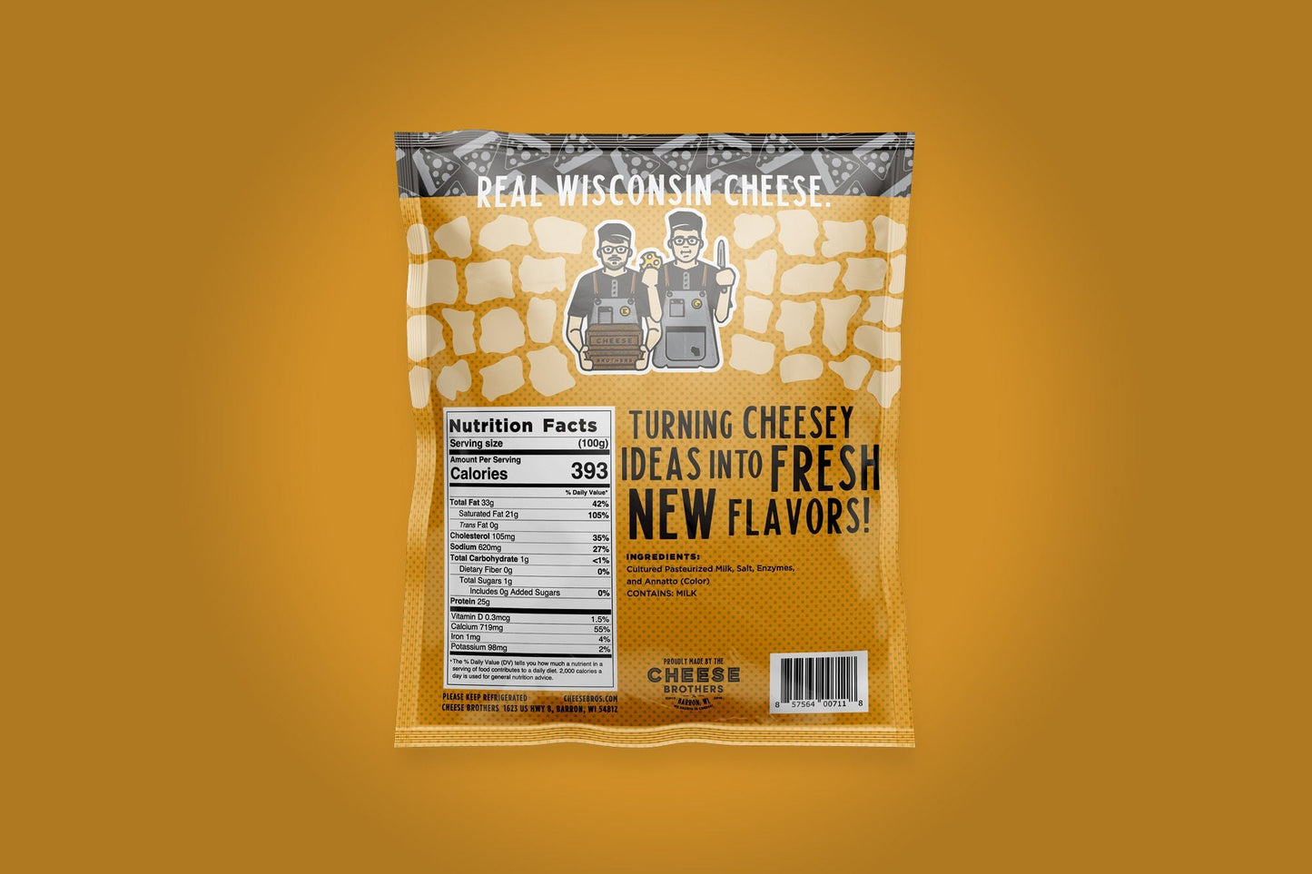 Wisconsin Cheese Brothers Inc. cheese curds in a pack, showcasing fresh, golden cheese curds ready to enjoy.