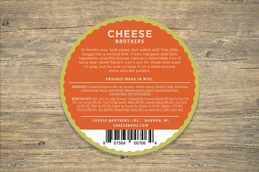 Mango Habanero Gouda cheese by Cheese Brothers, Inc., showing creamy cheese with mango and habanero pepper pieces.