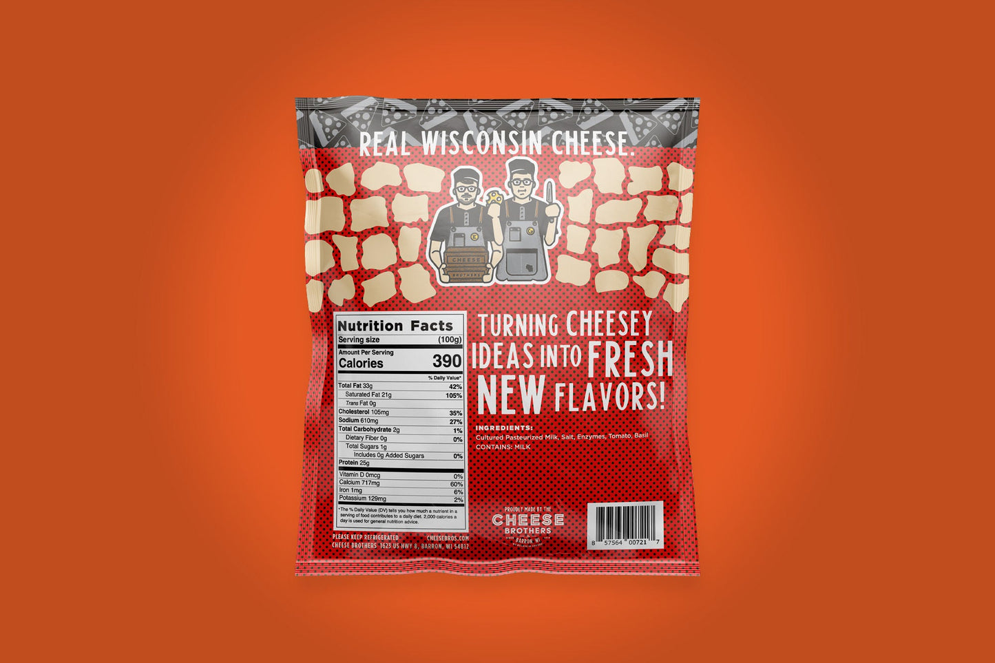 Cheese Brothers Tomato Basil Cheese Curds, fresh cheese curds with tomato and basil flavor, shown from the back in a wide view.