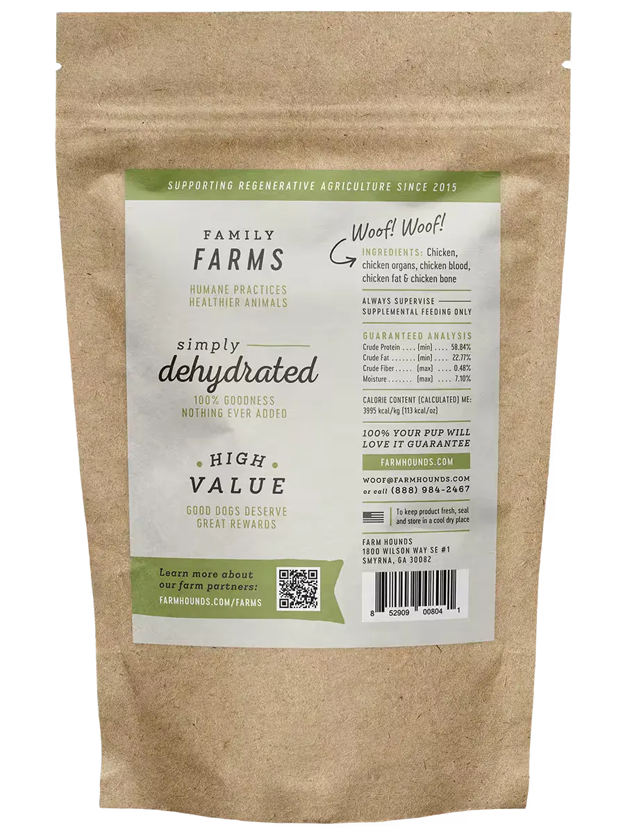 Farm Hounds chicken treats with crispy chicken strips shown from the back in a natural setting, perfect for pet snacks.