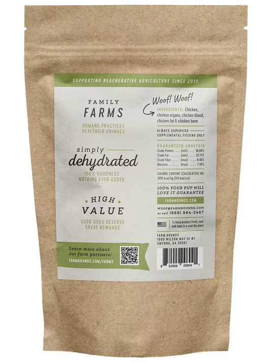 Farm Hounds chicken treats with crispy chicken strips, showing the back side of the packaging in the image.