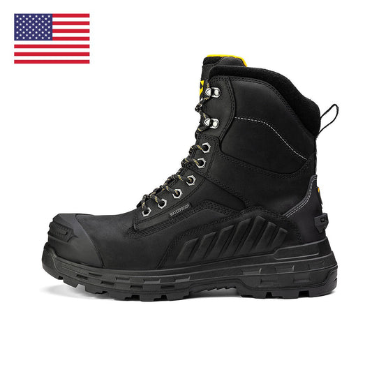 Chinook Wildwood 8-inch black waterproof composite toe work boot made in the USA, featuring rugged leather and sturdy sole.