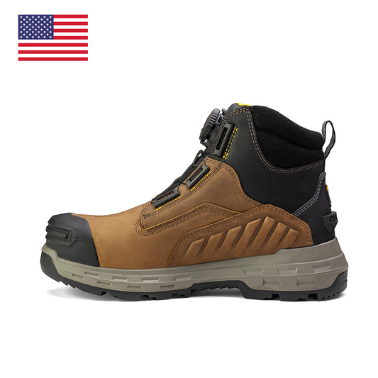 The Chinook® Footwear Wildwood 6” Composite Toe Turbolace™ Work Boot in brown features a rugged sole and reinforced toe. Shown in profile on a white background, an American flag is displayed in the top left corner. Made in the USA.