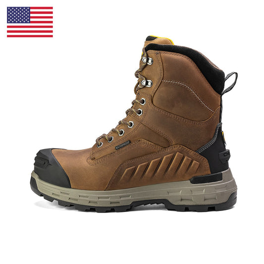 Chinook Wildwood 8-inch waterproof composite toe brown work boot, made in USA, with rugged leather and sturdy construction.