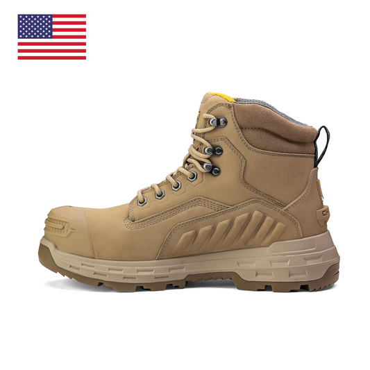 Chinook Wildwood 6-inch waterproof composite toe boot in stone color, made in USA, with rugged leather upper and safety features.