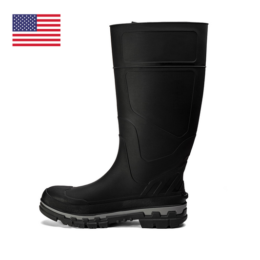 Chinook® Kickaxe 15-inch black and grey steel toe waterproof rubber boot with sturdy design and slip-resistant sole.