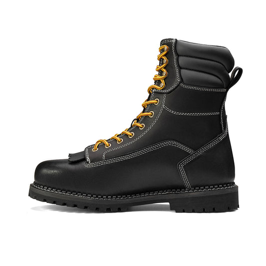 Chinook® Logger 8-inch men's waterproof work boot in black with sturdy leather construction and slip-resistant sole.