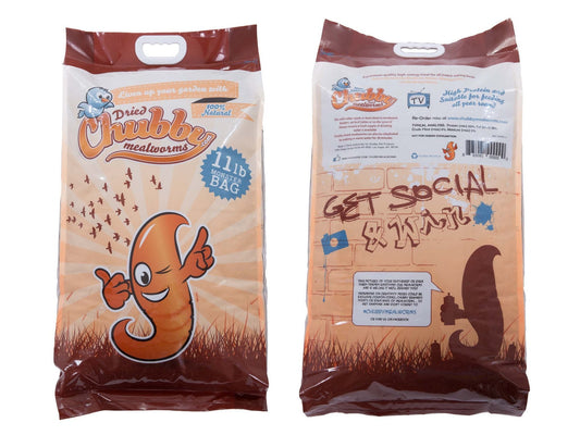 11lbs of Chubby Dried Mealworms by Chubby Mealworms USA, showing crunchy, dried mealworms in a clear container.