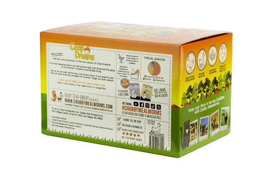 3Lb Chubby Dried Mealworms from Coop Dreams Limited Edition box by Chubby Mealworms USA, showing dried mealworms in a box.