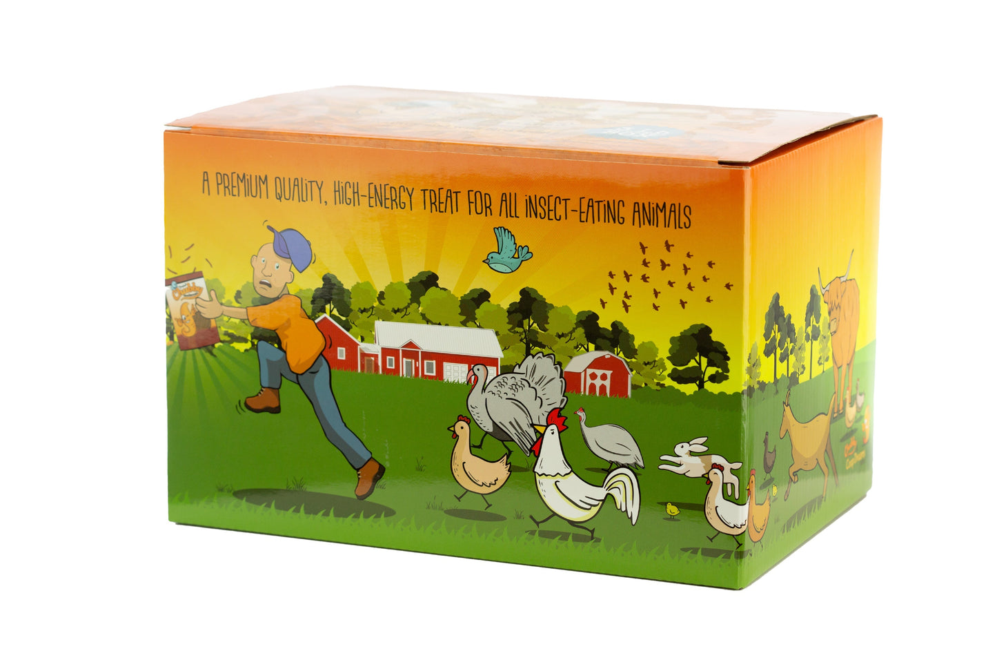Four 3lb boxes of Chubby Dried Mealworms by Chubby Mealworms USA, shown in Coop Dreams Limited Edition packaging.