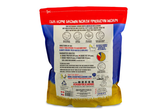 2.5 lbs Chubby North American Dried Mealworms from Montreal, Non-GMO, by Chubby Mealworms USA, shown in a clear bag.