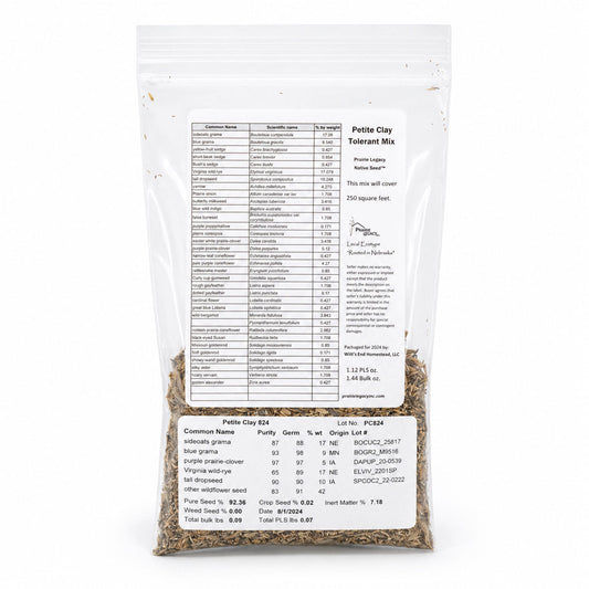 Petite clay tolerant Nebraska wildflower seed mix in 1.44 oz package, ideal for home garden prairie landscaping.