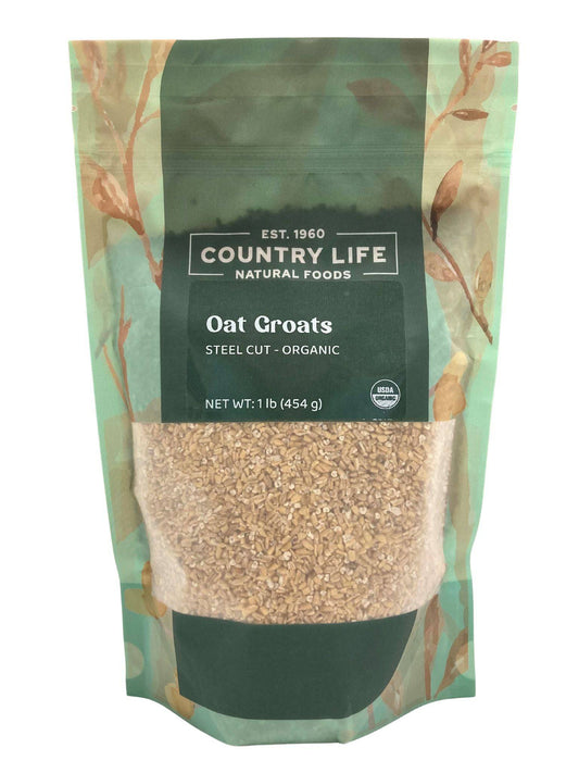 Organic steel cut oat groats from Country Life Natural Foods, close-up view of 1 lb bag showing the oats' texture and packaging