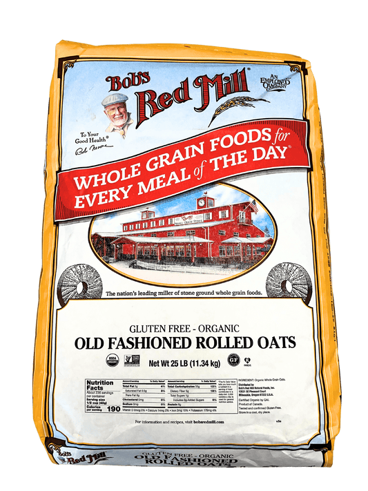 Organic gluten-free rolled oats from Bob's Red Mill in a 32 oz package, displayed in a natural setting with oats in a bowl