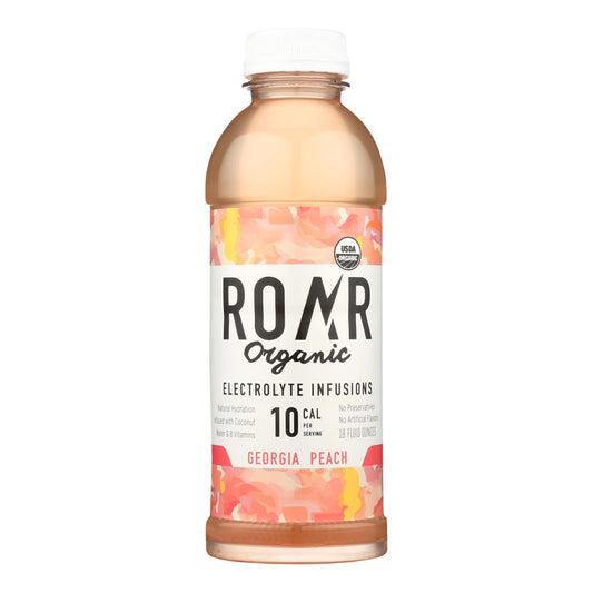 Pack of 12 Cozy Farm Roar Organic Georgia Peach Water bottles, 18 fl oz each, with fresh peach flavor and natural ingredients.