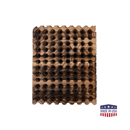 Spring reusable wood tray for mason bees by CrownBees with 48 holes, designed for 8mm bee cocoons.