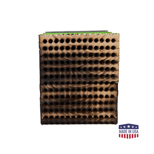 CrownBees summer reusable wood tray with 78 holes designed for summer leaf bees, featuring natural wood finish and bee-friendly design.