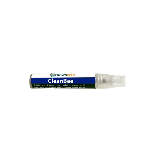 CrownBees Clean Bee™ Solution bottle with label, natural bee hive treatment product for hive health and maintenance.