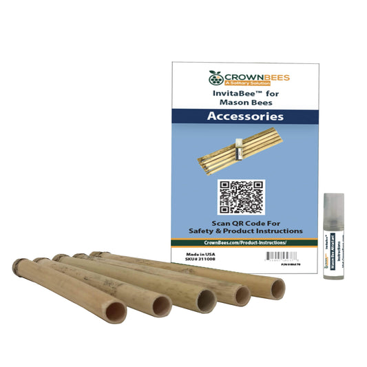 CrownBees InvitaBee Mason Bee Attractant bottle with label and cap for attracting mason bees to nesting sites.