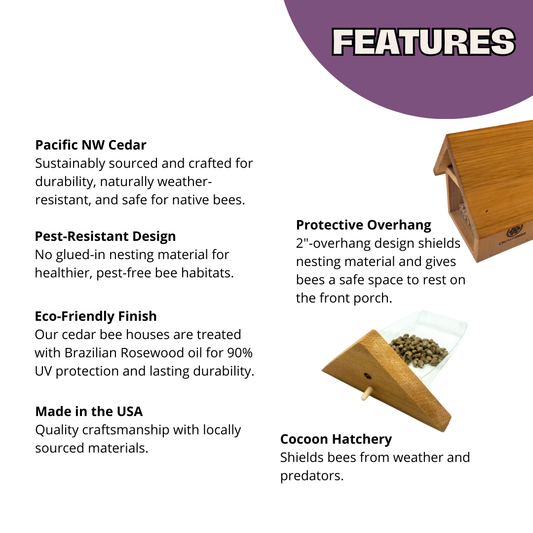 CrownBees Chalet Bee House and Complete Kit with Bee Certificate, featuring wooden nesting compartments for mason bees in spring.
