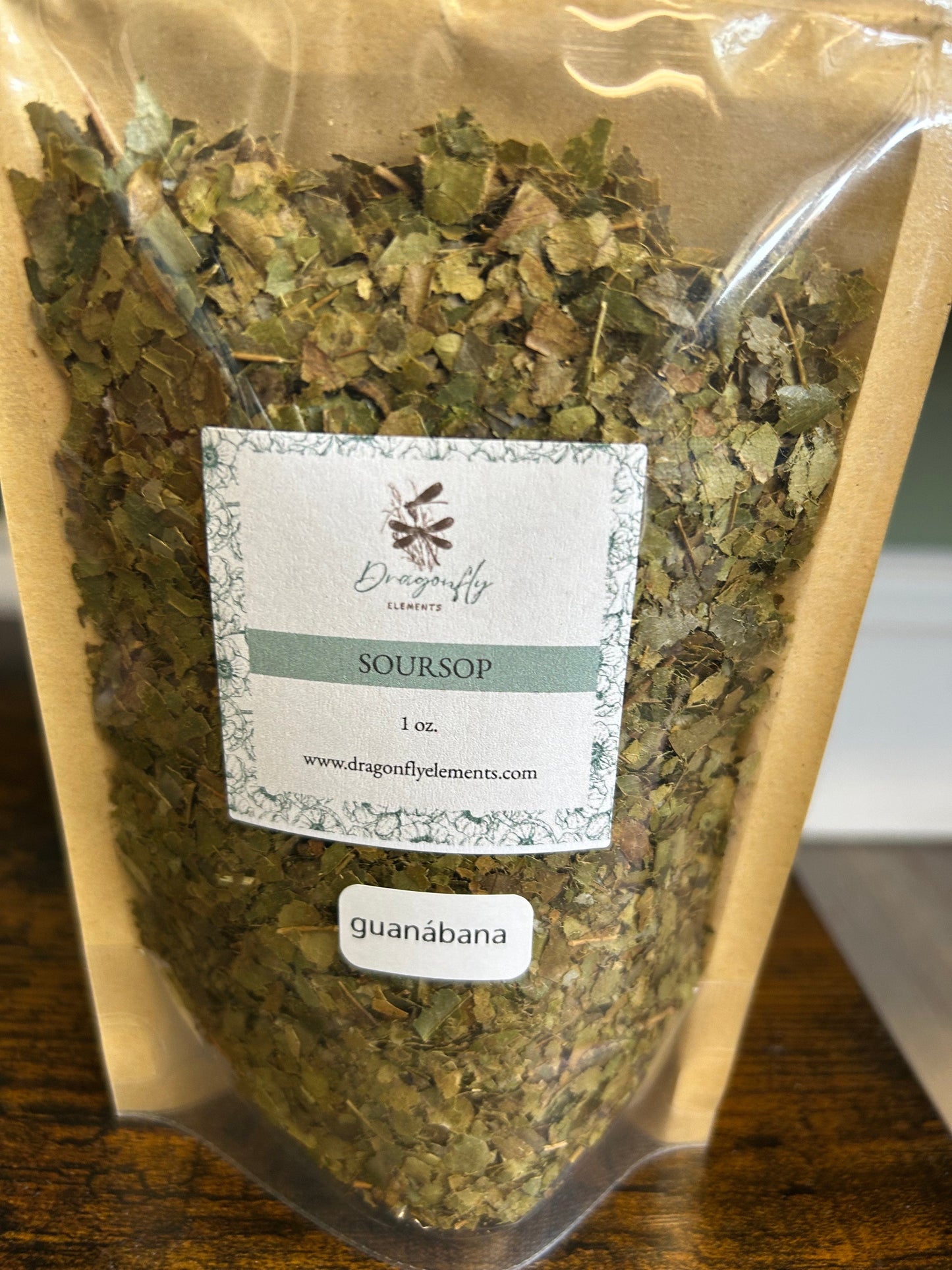 Five sachets of organic soursop leaf coarse cut by Dragonfly Elements, showing dried green soursop leaves in individual packets.