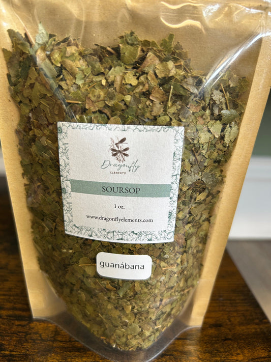 Five sachets of organic soursop leaf coarse cut by Dragonfly Elements, showing dried green soursop leaves in individual packets.