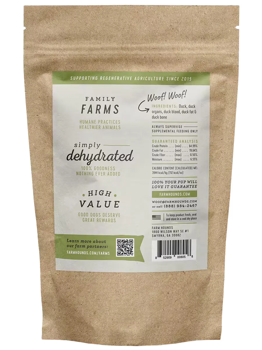 Farm Hounds duck strips treats for dogs, showing the back side of the natural, chewy duck treats in a resealable bag.