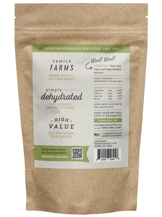 Farm Hounds duck strips treats for dogs, showing the back side of the natural, chewy duck treat strips.