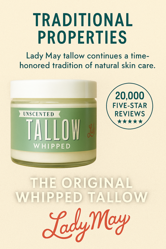 The Lady May Tallow Skincare Trio—Butter, Balm & Whipped—is shown as a premium all-natural gift box, reflecting a natural skin care tradition and boasting 20,000 five-star reviews from Lady May Tallow.