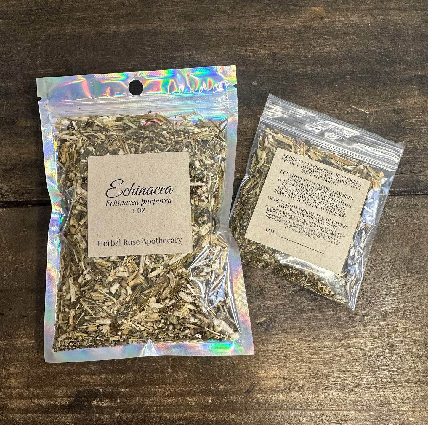 Dried Echinacea herb from HerbalRoseApothecary, showing vibrant purple-pink flower tops and green stems for herbal remedy use.