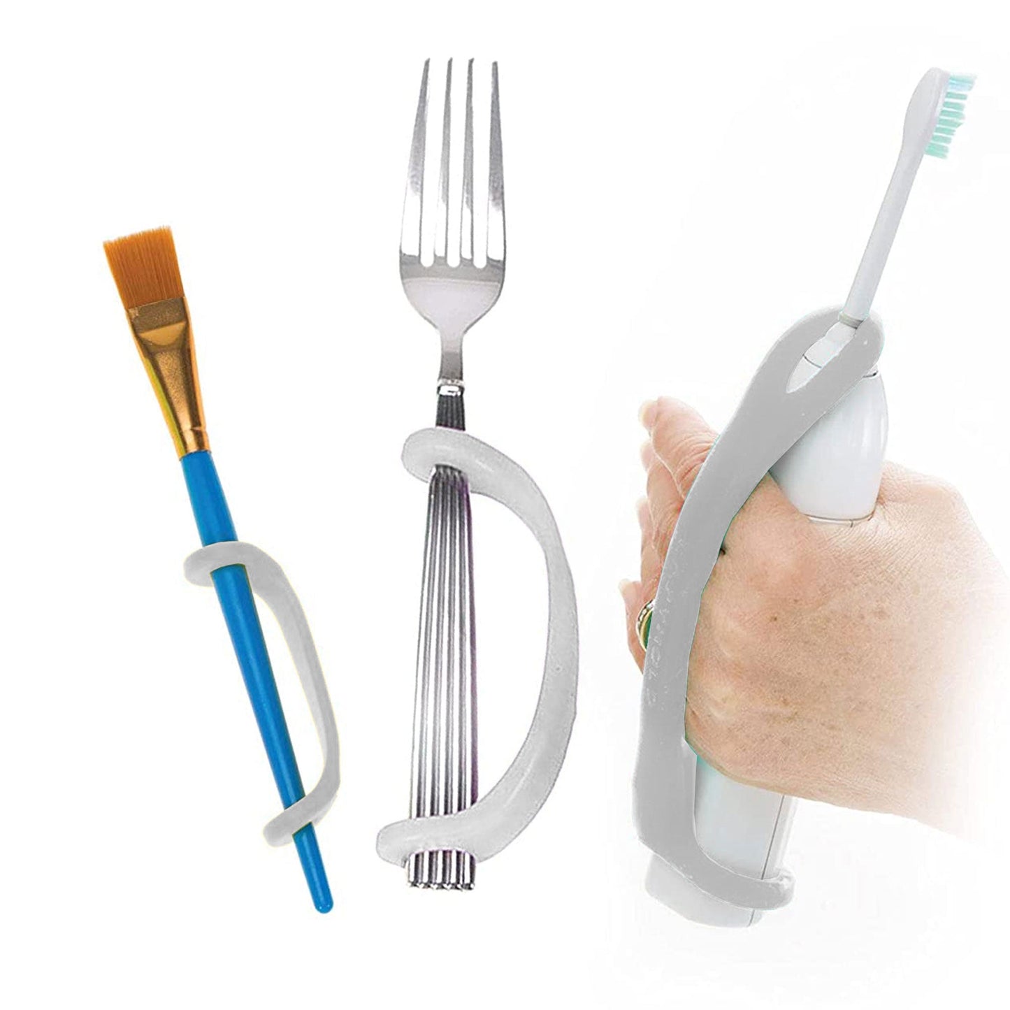 Three EaZyHold elderly female daily living aid grips in platinum color for improved grip and independence.
