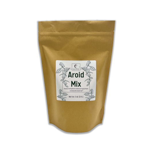 Aroid Mix soil by Elm Dirt in a 3-quart bag, showing dark, rich potting soil suitable for aroids and indoor plants.