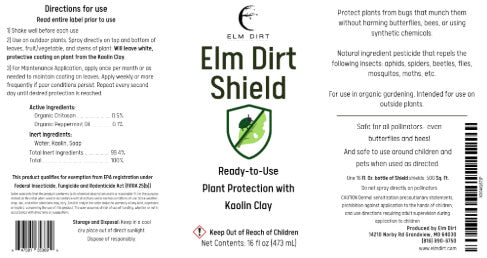 Elm Dirt's Shield all-natural pesticide bottle with label, showcasing eco-friendly pest control solution for garden and outdoor use.