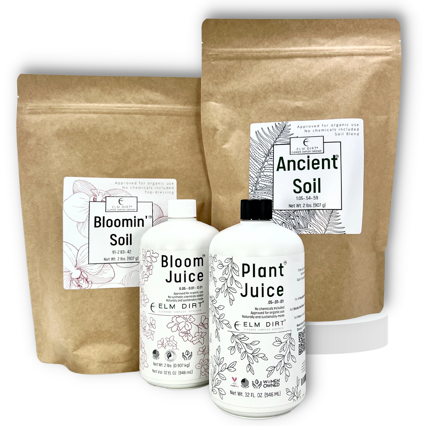 Elm Power Bundle fertilizer by Elm Dirt, showing a colorful bag of garden fertilizer with branding and product details.