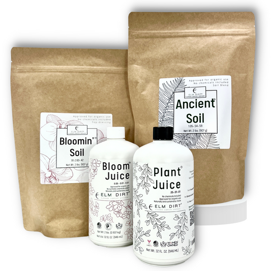 Elm Power Bundle fertilizer by Elm Dirt, showing a colorful bag of garden fertilizer with branding and product details.