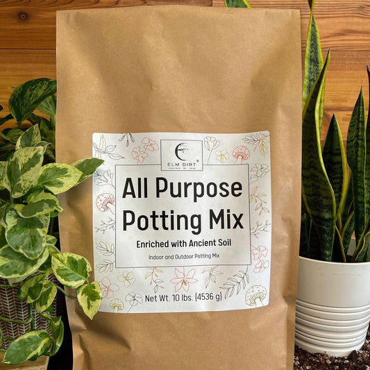 All-purpose soil mix by Elm Dirt, 5 lbs of growing media for gardening and plant growth, shown in a bag with soil texture.