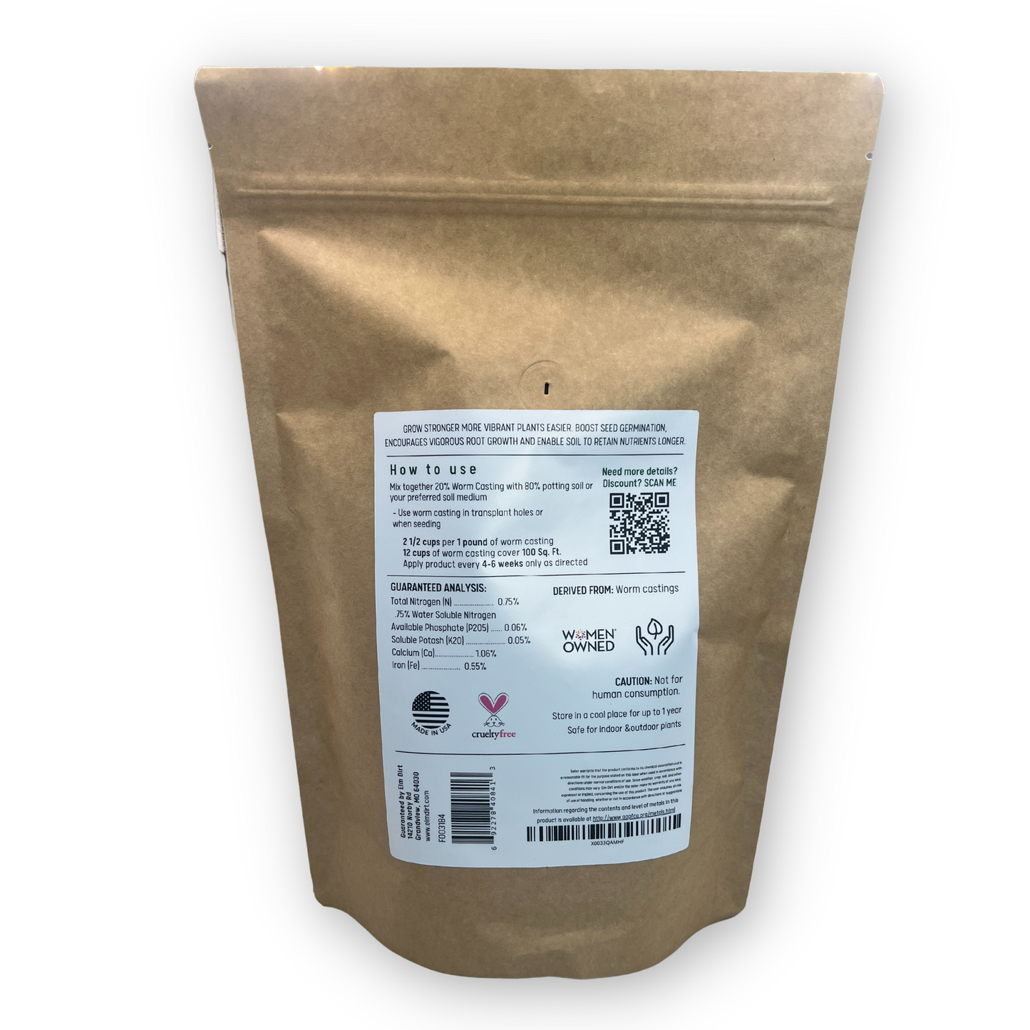 Two pounds of Elm Dirt worm castings, rich organic compost for gardening and soil nourishment, shown in the image.