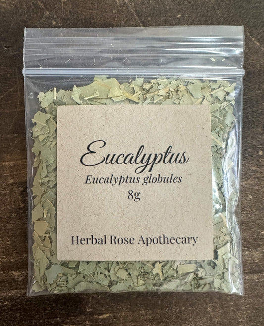 Dried eucalyptus leaves in an 8g package from herbalroseapothecary, showcasing green, aromatic herb for herbal remedies or decor.