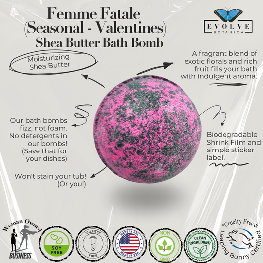 Evolve Botanica Femme Fatale bath bomb with red and pink hues, perfect for seasonal Valentine's Day relaxation.