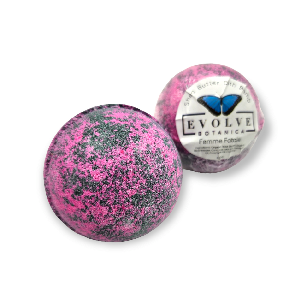 Evolve Botanica Femme Fatale bath bomb for Valentine's season, showcasing a colorful, spherical bath bomb with floral accents.