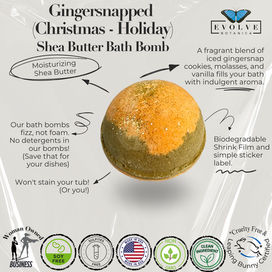 Evolve Botanica Gingersnapped Christmas bath bomb with warm ginger scent and holiday-themed design in a vibrant, colorful setting