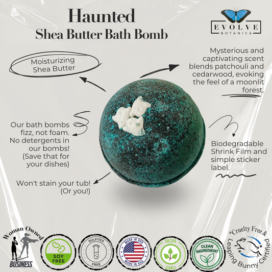 Evolve Botanica Haunted Halloween bath bomb with spooky design, colorful swirls, and seasonal Halloween theme.