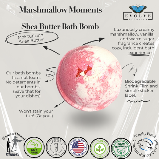 Evolve Botanica Marshmallow Moments bath bomb for Valentine's Day with a white marshmallow design in a relaxing bath setting.