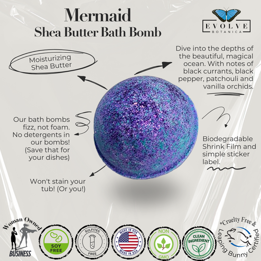 Evolve Botanica Mermaid Bath Bomb, round colorful bath bomb with mermaid design and vibrant blue and green hues.