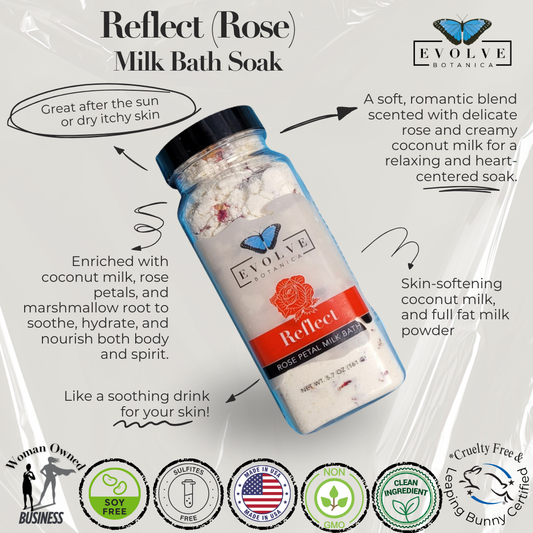 Evolve Botanica Milk Bath Reflect with Rose scent, creamy bath powder in a decorative jar, ideal for relaxing skincare.