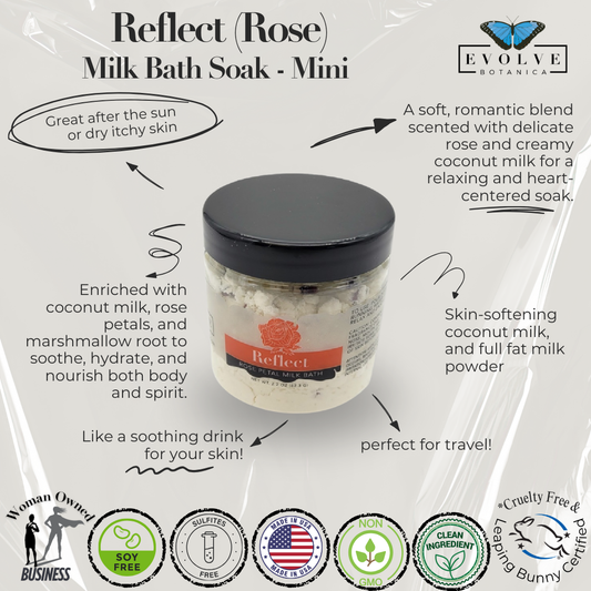 Mini Reflect Rose Milk Bath by Evolve Botanica, showing a soothing pink powder in a clear jar with a minimalist label.